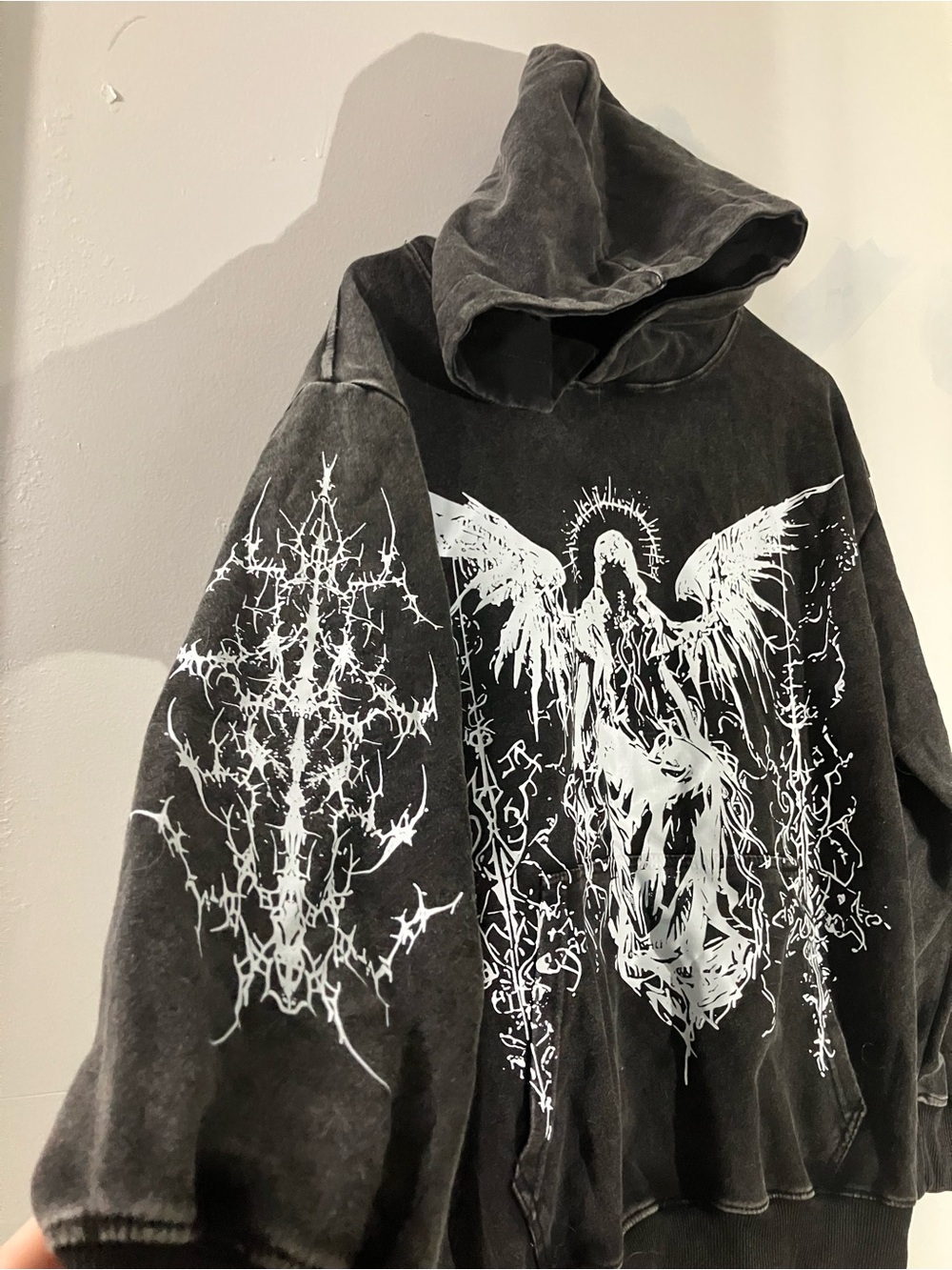 Black Graphic Angel Zip-Up Hoodie with White Print